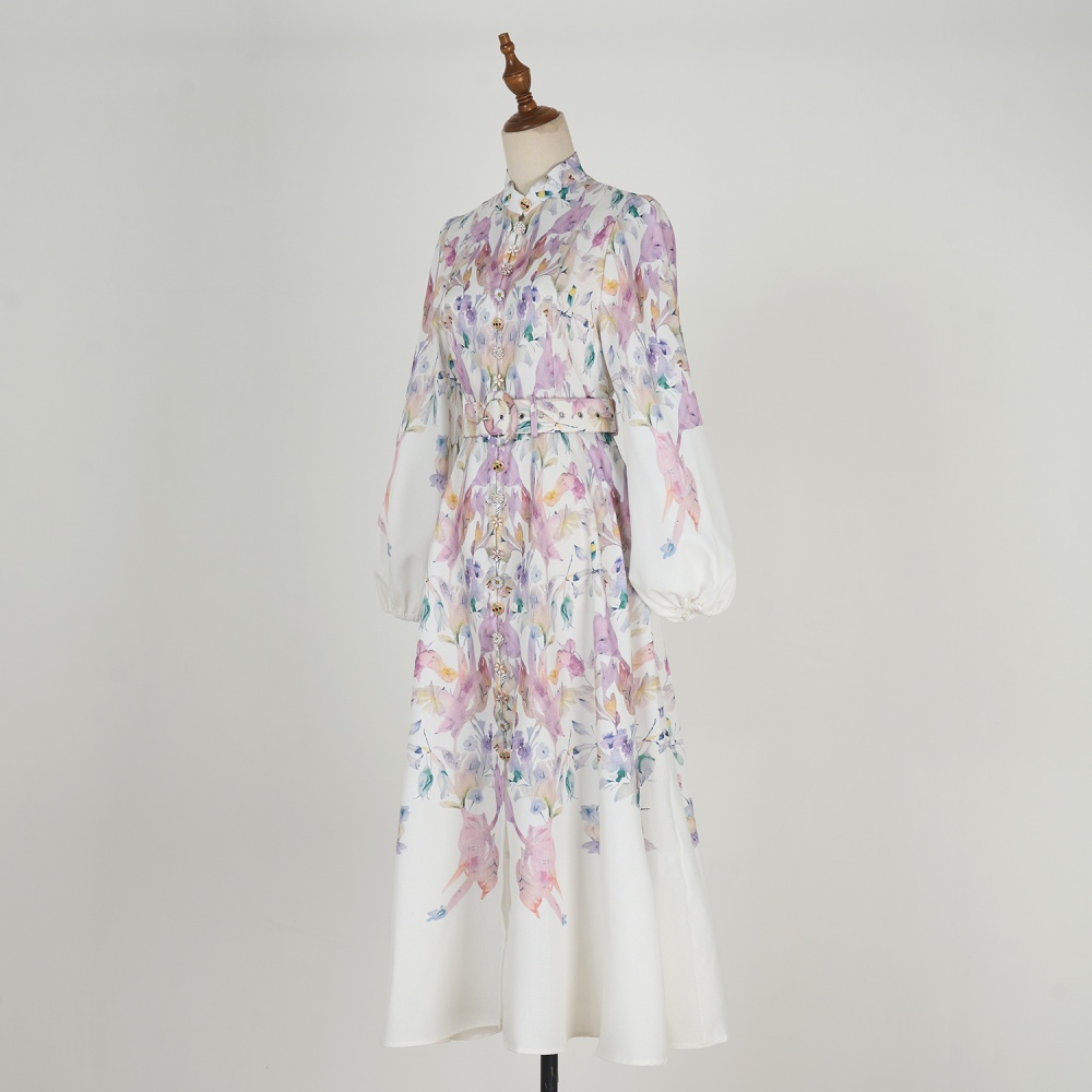 Printing big skirt long long sleeve dress