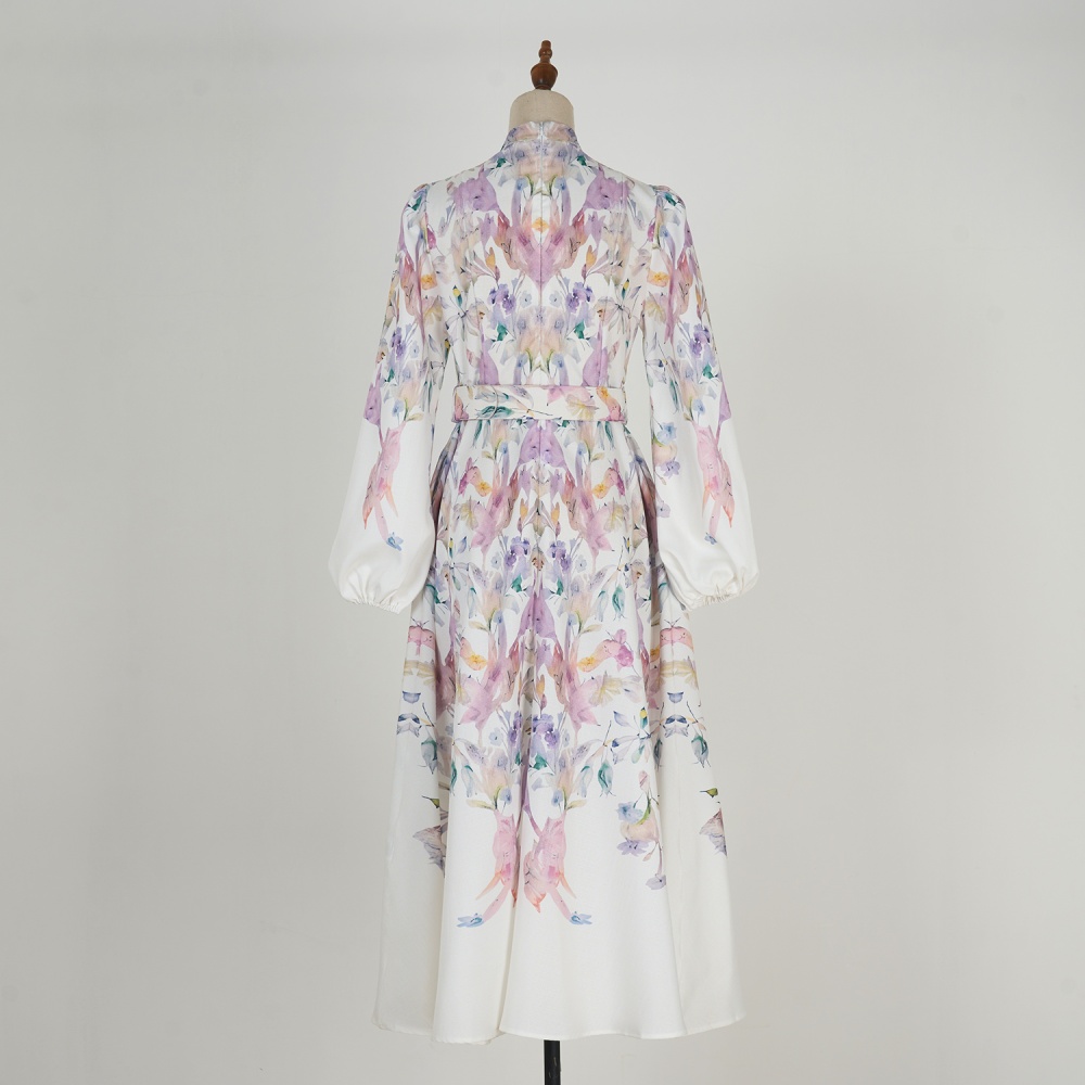 Printing big skirt long long sleeve dress