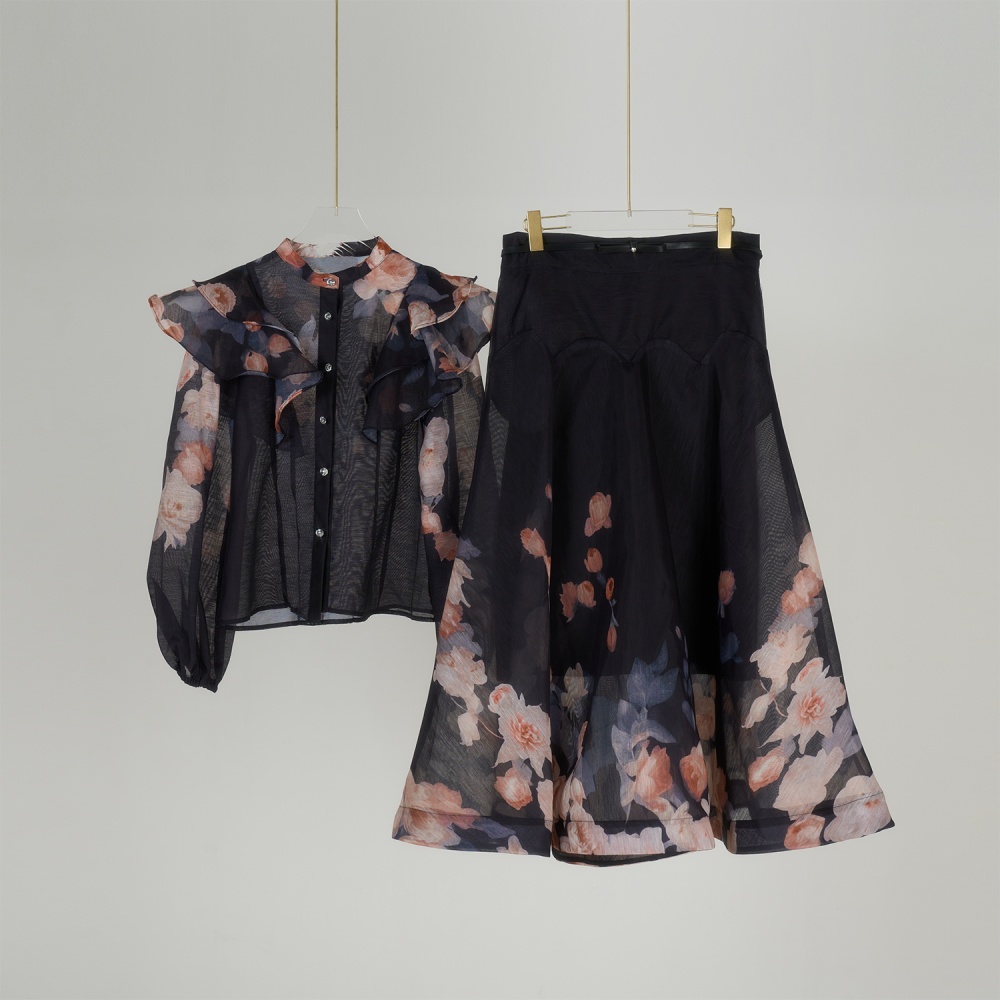 Lantern sleeve big skirt lotus leaf edges shirt a set