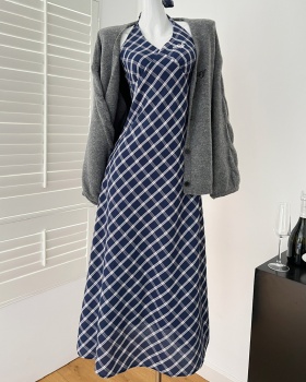 Loose knitted retro dress gray plaid slim coat 2pcs set