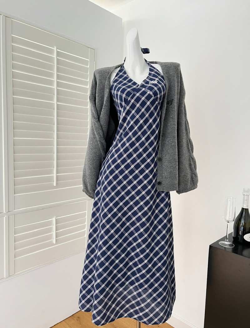 Loose knitted retro dress gray plaid slim coat 2pcs set