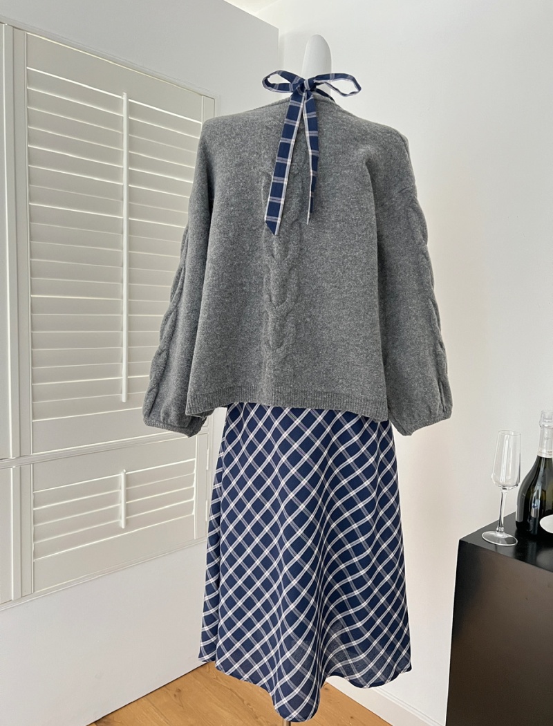 Loose knitted retro dress gray plaid slim coat 2pcs set