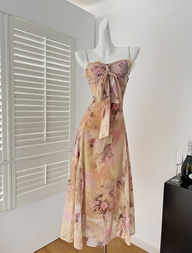 Floral wrapped chest dress printing long dress for women