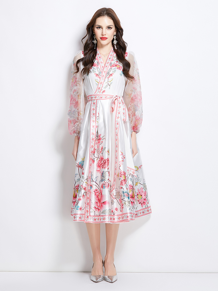 Spring satin printing national style V-neck dress