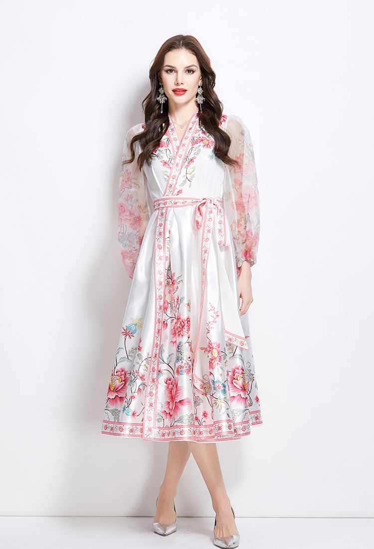 Spring satin printing national style V-neck dress