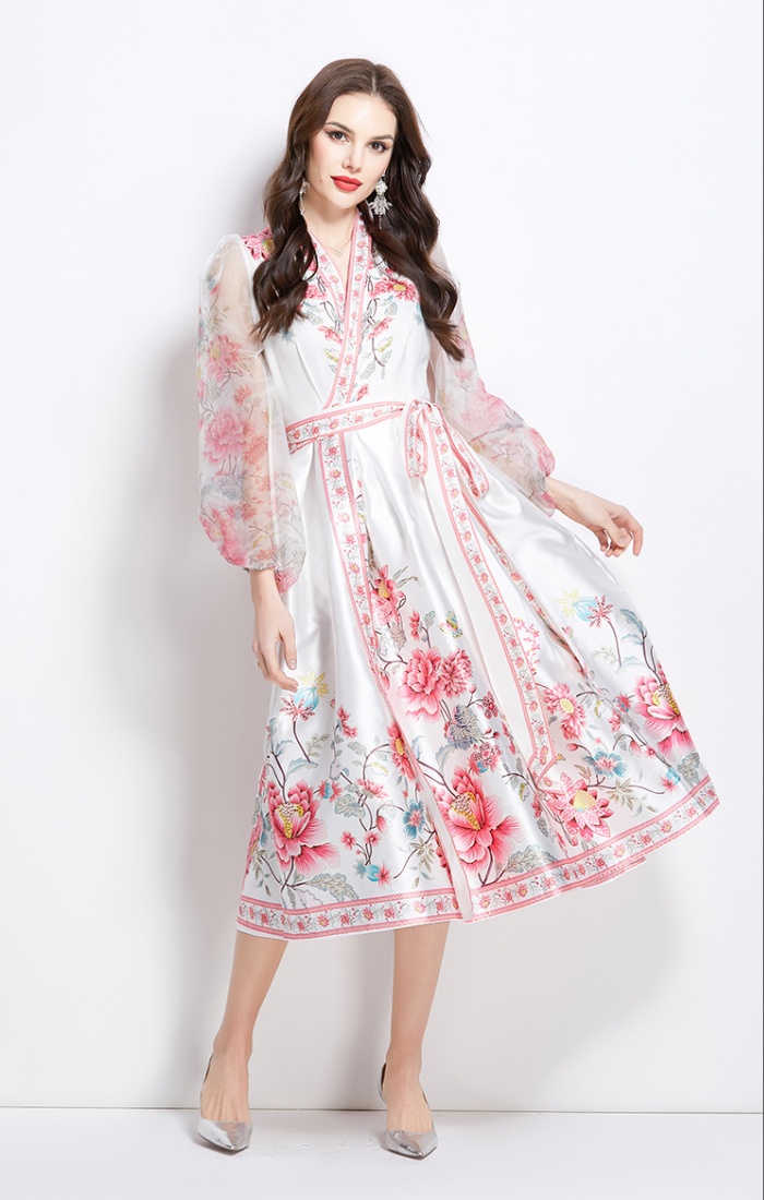 Spring satin printing national style V-neck dress