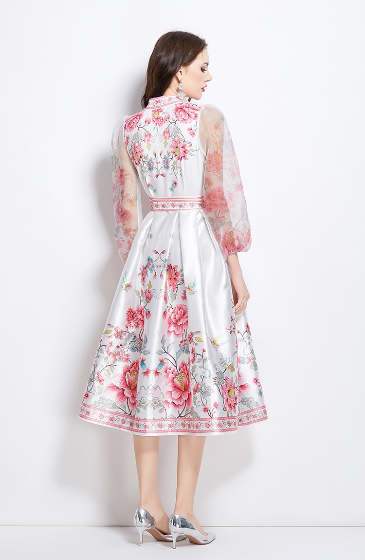 Spring satin printing national style V-neck dress