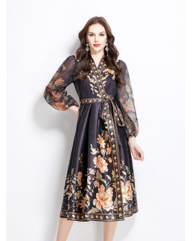 Spring V-neck satin long printing national style dress