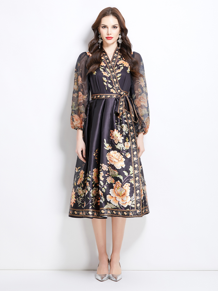 Spring V-neck satin long printing national style dress