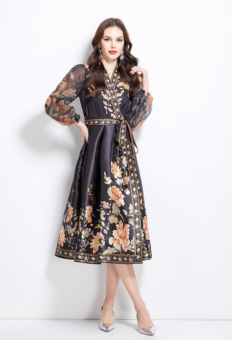 Spring V-neck satin long printing national style dress