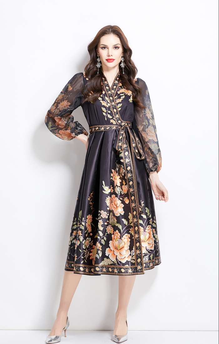 Spring V-neck satin long printing national style dress