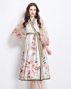 Printing long spring V-neck satin national style dress