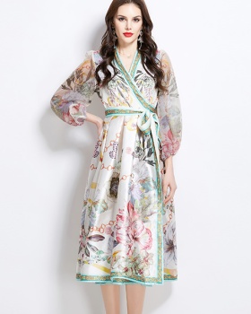 Long national style V-neck printing satin spring dress