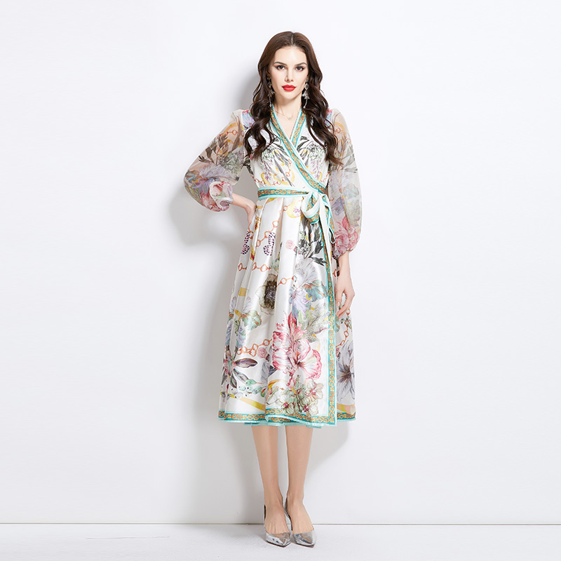 Long national style V-neck printing satin spring dress