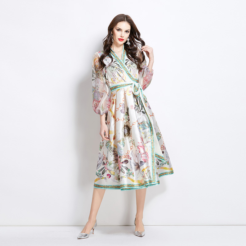 Long national style V-neck printing satin spring dress