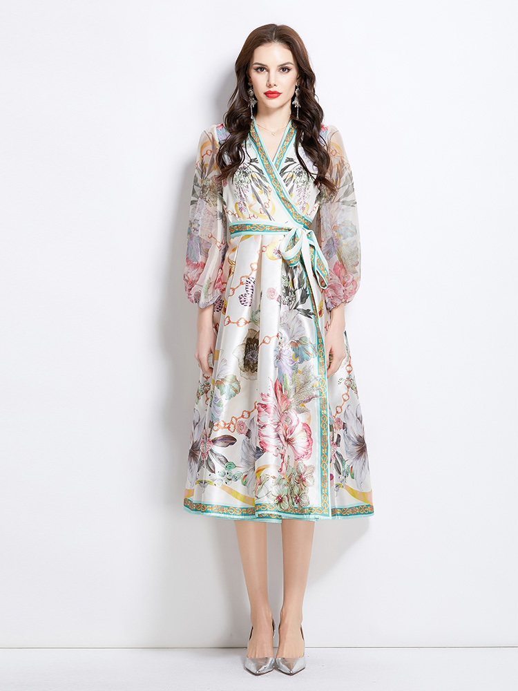 Long national style V-neck printing satin spring dress