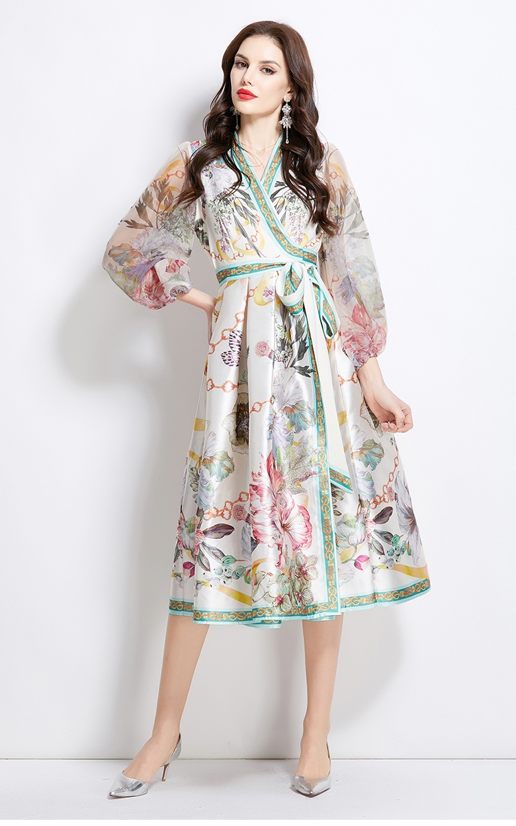 Long national style V-neck printing satin spring dress