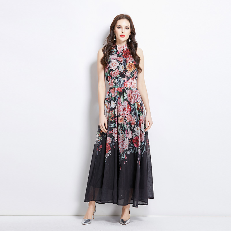 Long flowers spring and summer halter painting vacation dress