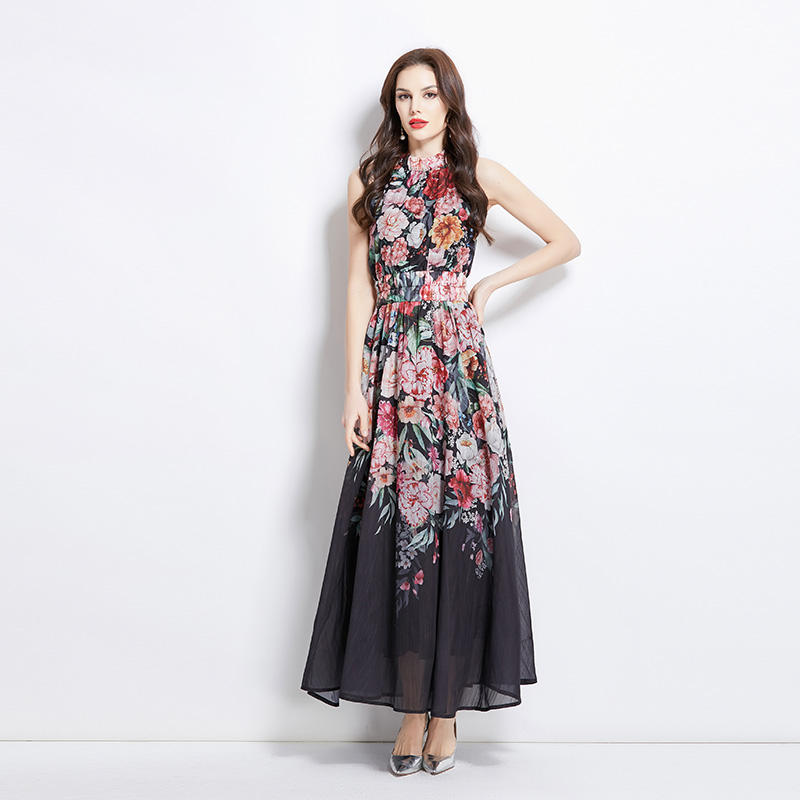 Long flowers spring and summer halter painting vacation dress