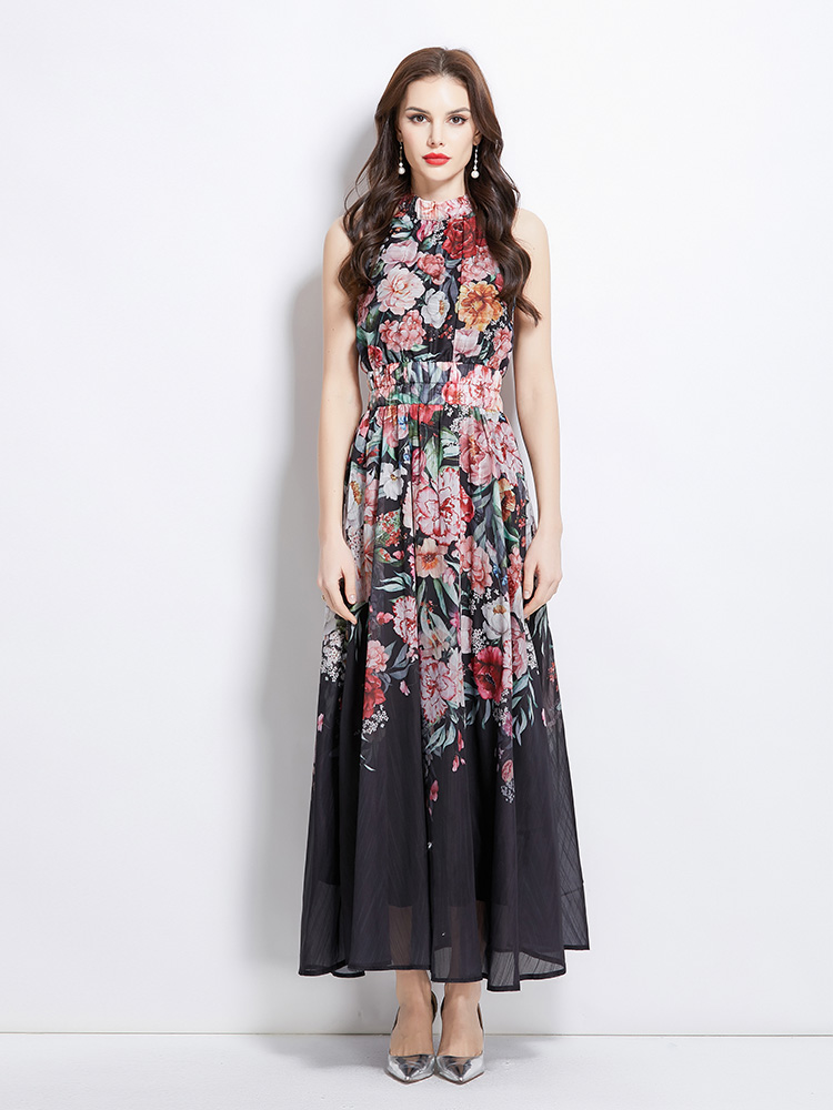 Long flowers spring and summer halter painting vacation dress