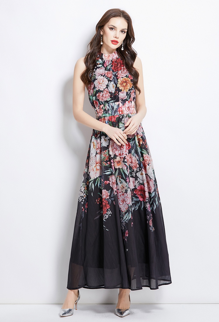 Long flowers spring and summer halter painting vacation dress