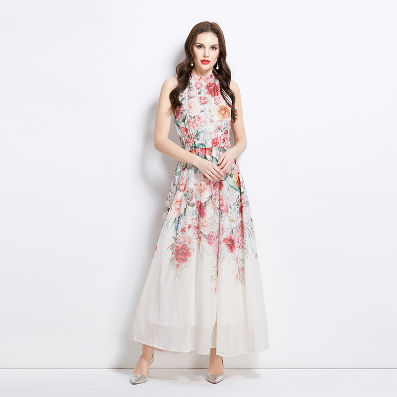 Printing long painting vacation flowers dress