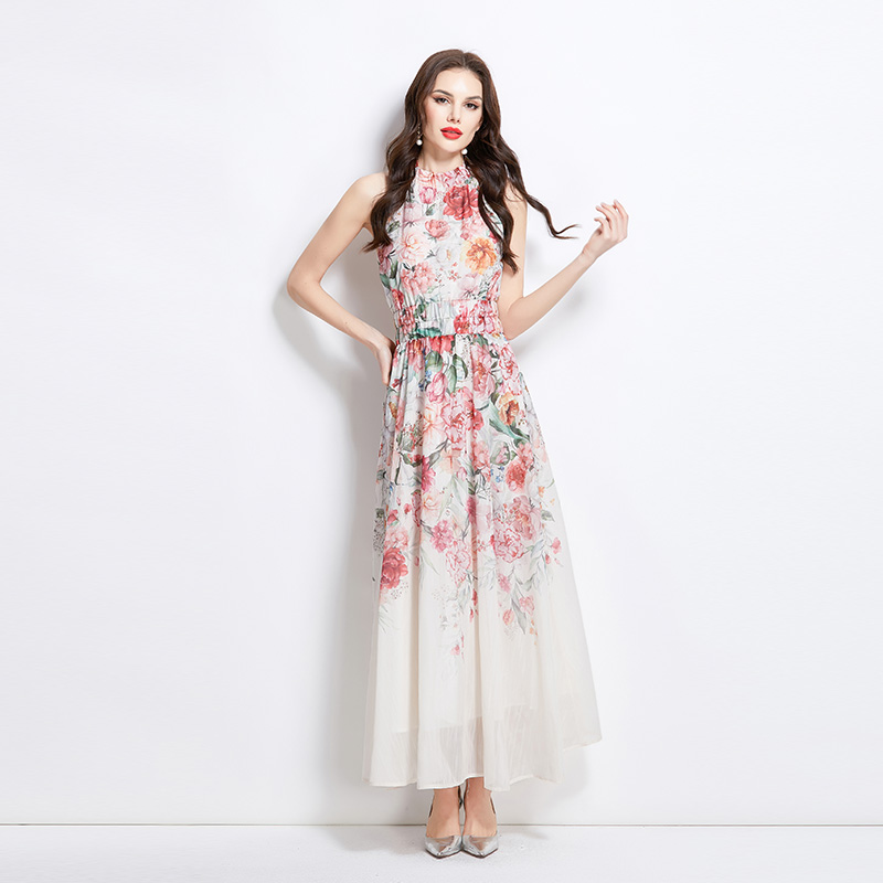 Printing long painting vacation flowers dress