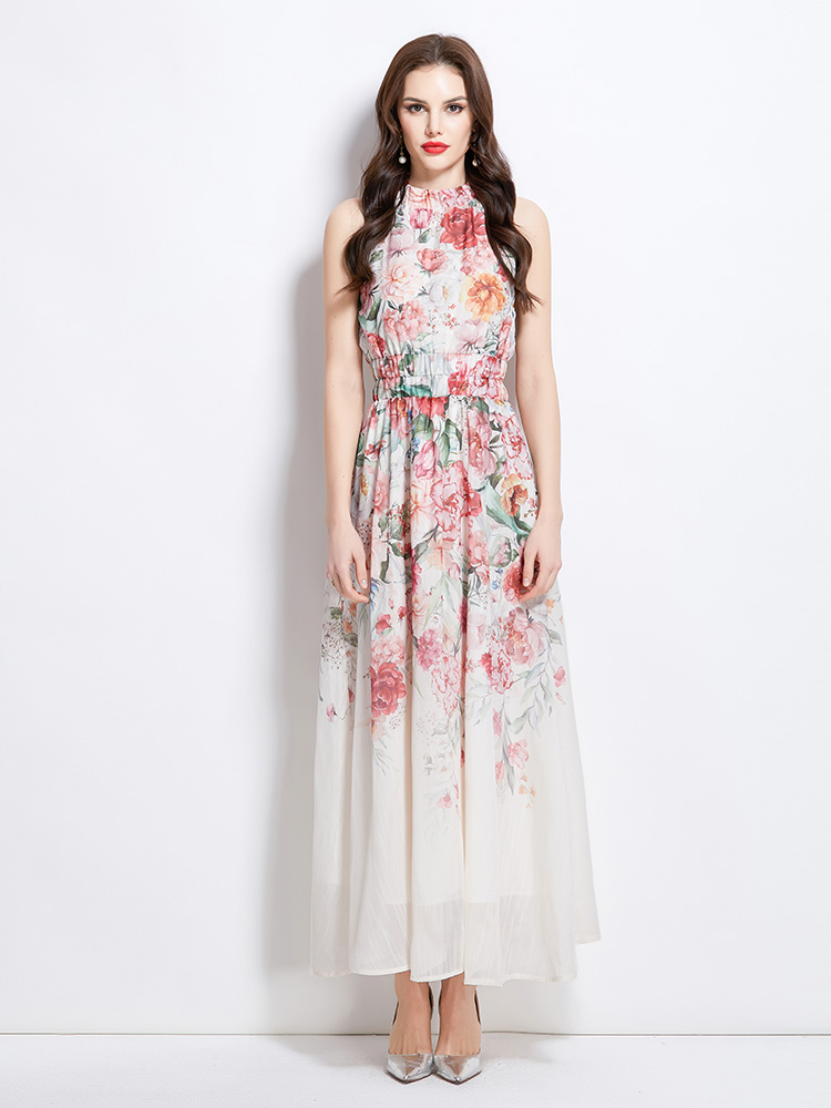 Printing long painting vacation flowers dress