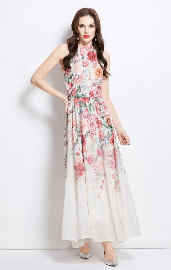 Printing long painting vacation flowers dress