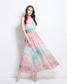 Printing painting flowers long vacation halter dress