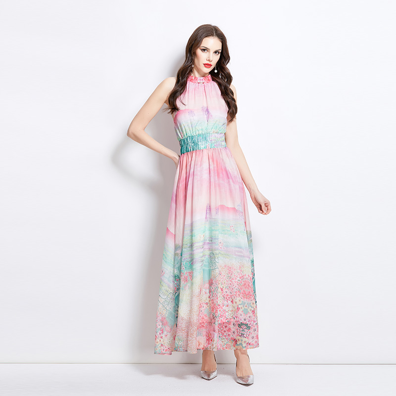 Printing painting flowers long vacation halter dress