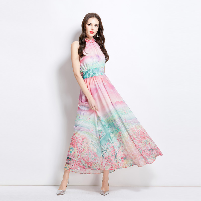 Printing painting flowers long vacation halter dress