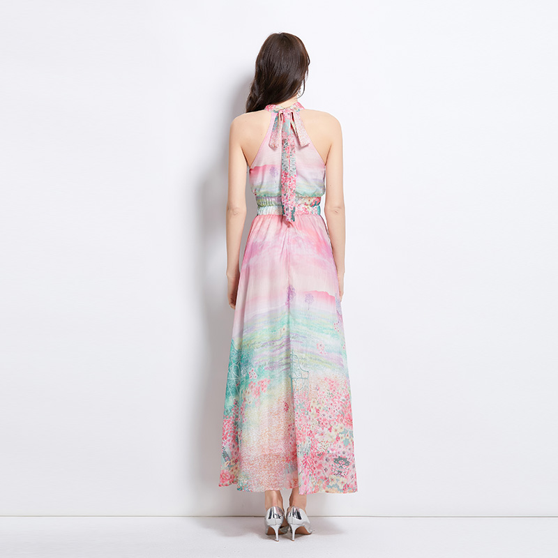 Printing painting flowers long vacation halter dress