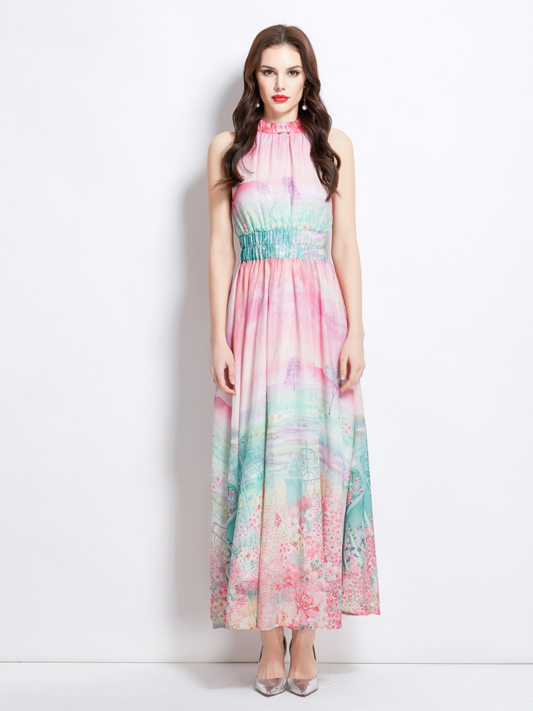 Printing painting flowers long vacation halter dress