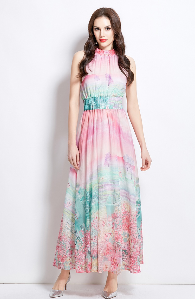 Printing painting flowers long vacation halter dress