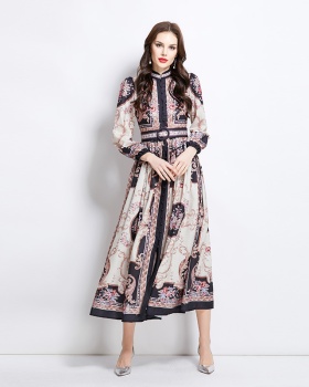 Spring and summer court style cstand collar long pattern dress