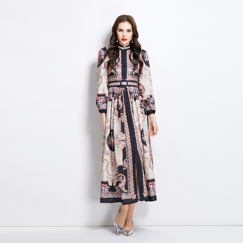 Spring and summer court style cstand collar long pattern dress