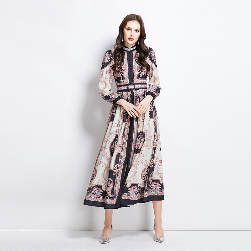 Spring and summer court style cstand collar long pattern dress