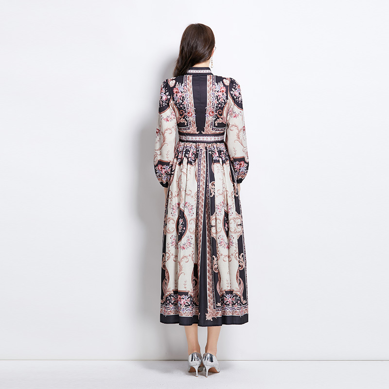 Spring and summer court style cstand collar long pattern dress