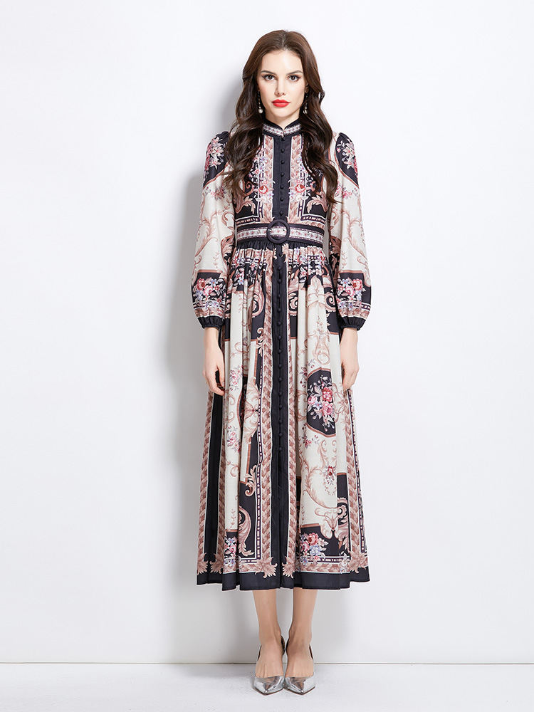 Spring and summer court style cstand collar long pattern dress