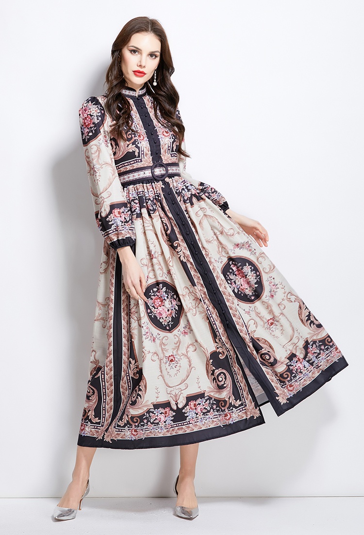 Spring and summer court style cstand collar long pattern dress