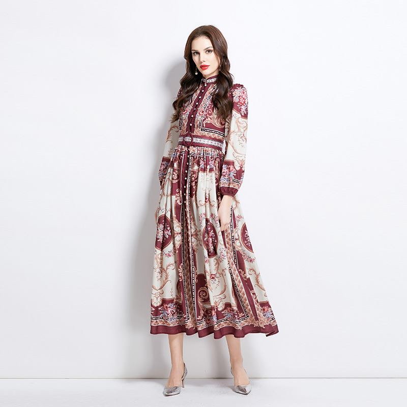 Pattern cstand collar spring and summer long dress