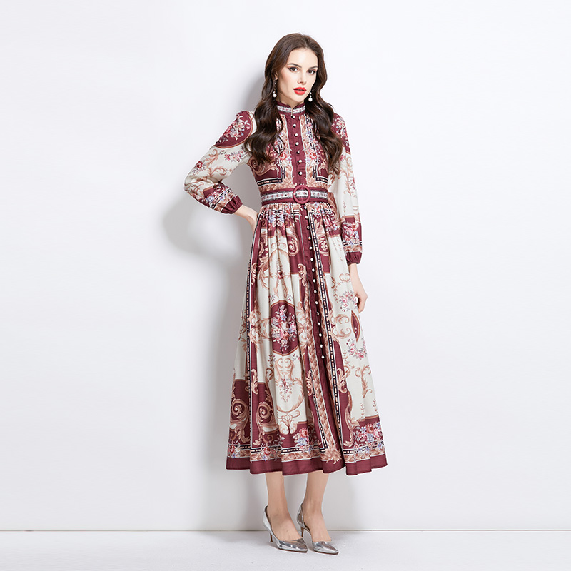 Pattern cstand collar spring and summer long dress