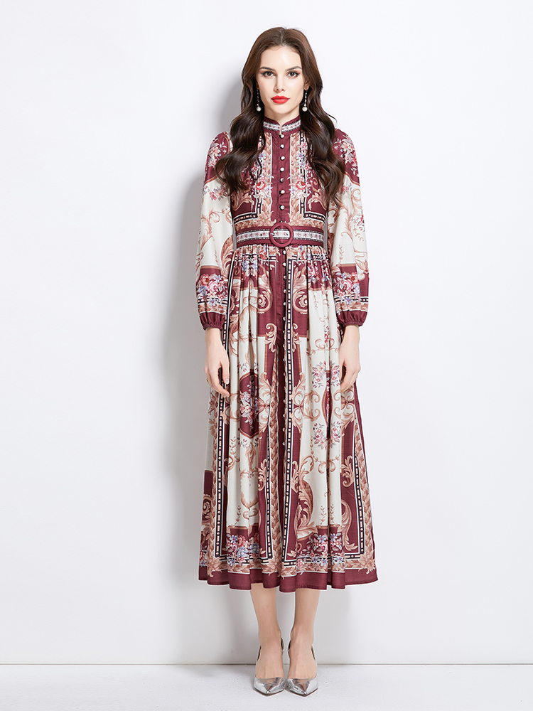 Pattern cstand collar spring and summer long dress