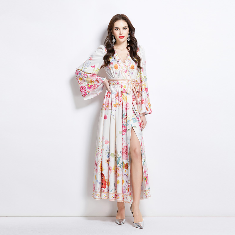 Flowers pattern painting long spring and summer dress