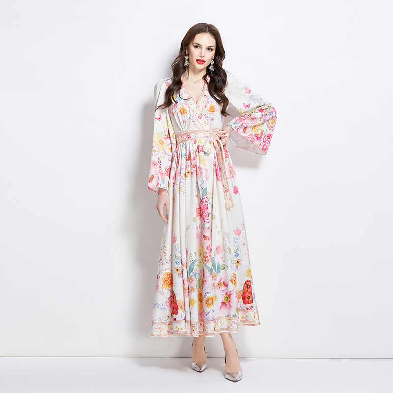 Flowers pattern painting long spring and summer dress