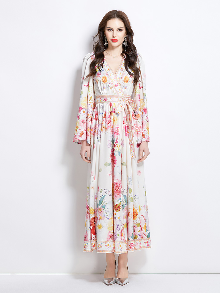 Flowers pattern painting long spring and summer dress