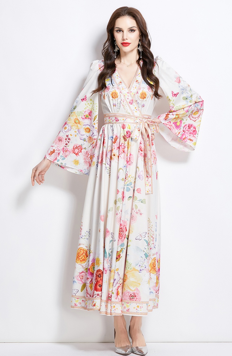 Flowers pattern painting long spring and summer dress