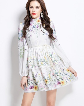 Colors long sleeve floral cake cstand collar dress