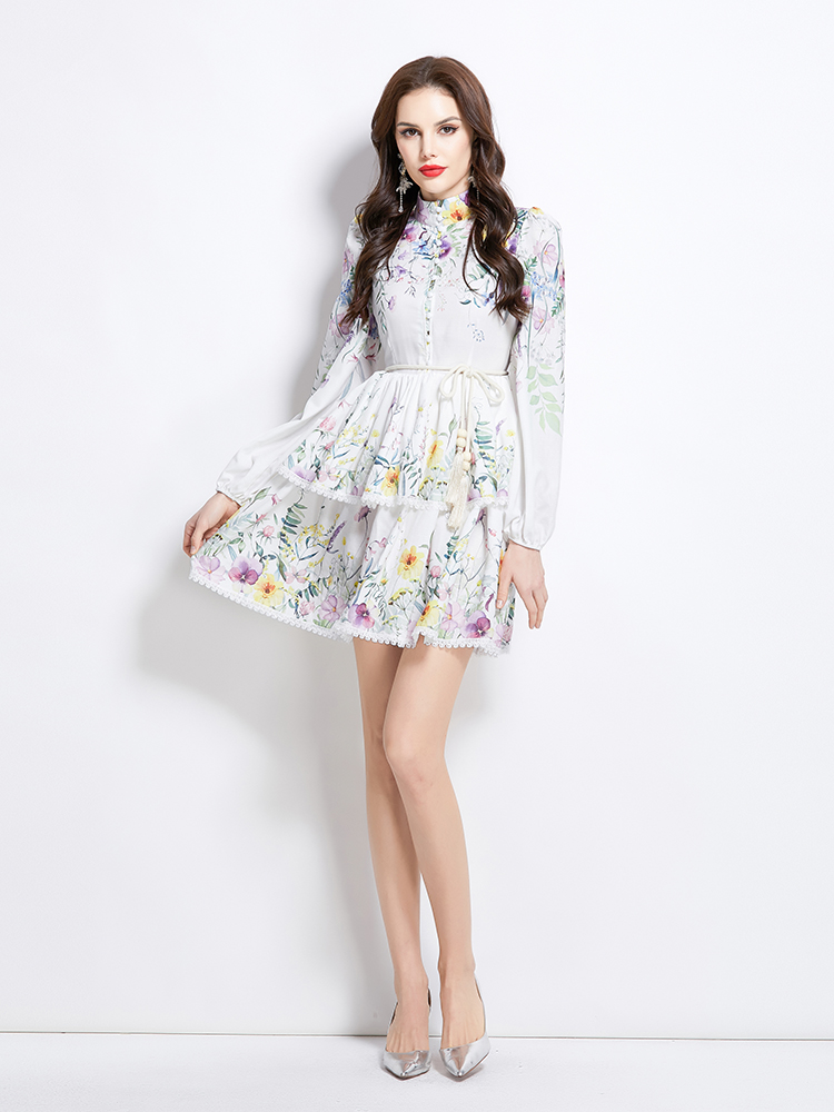 Colors long sleeve floral cake cstand collar dress